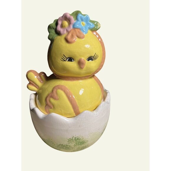 Vintage Ceramic Chick In Egg Trinket Box With Floral Accents - Picture 1 of 15